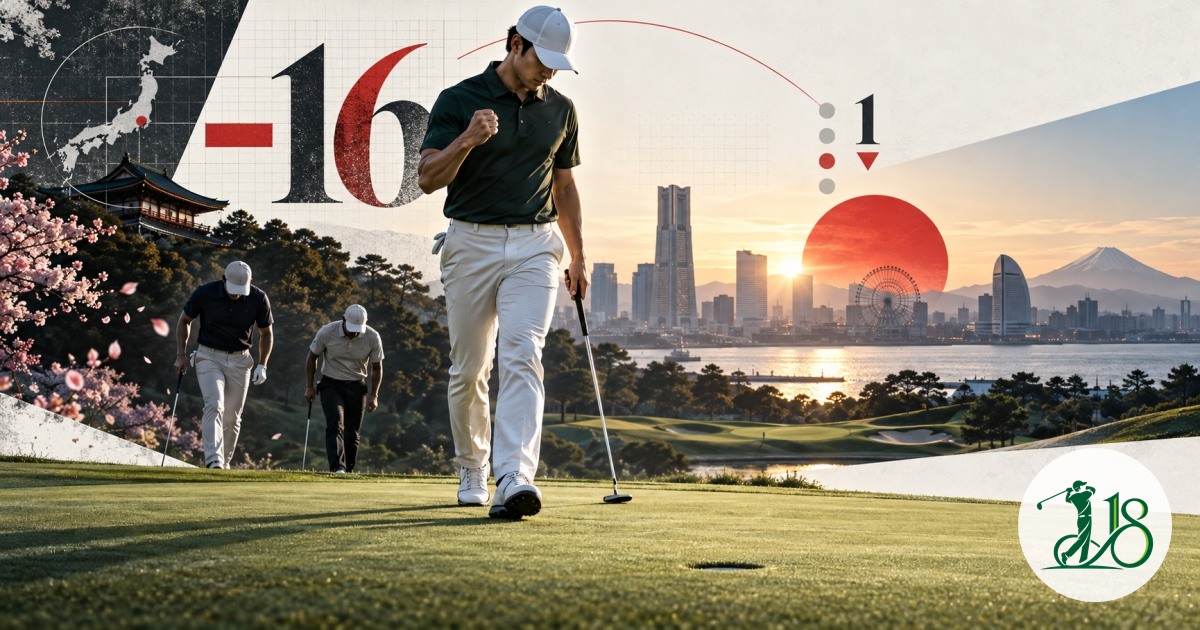 Editorial collage of a golfer completing a one-stroke victory in Japan