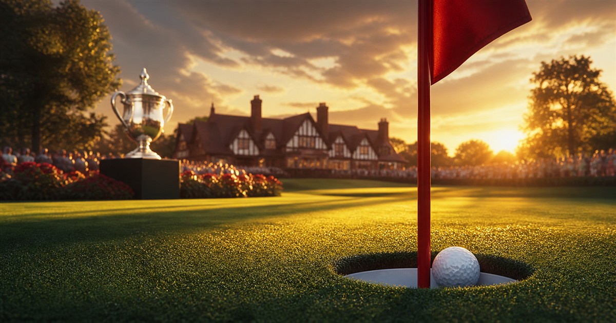 Editorial illustration of a golf ball at the cup, a red flag and a championship trophy at sunset