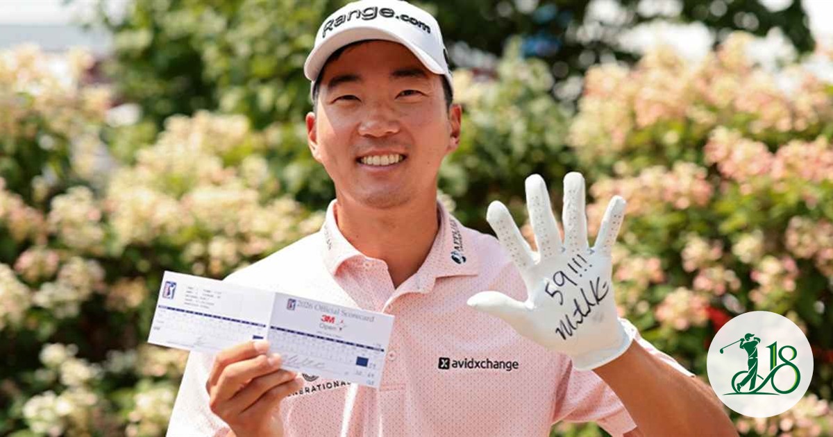 Michael Kim celebrates after shooting 59 in the second round of the 2026 3M Open