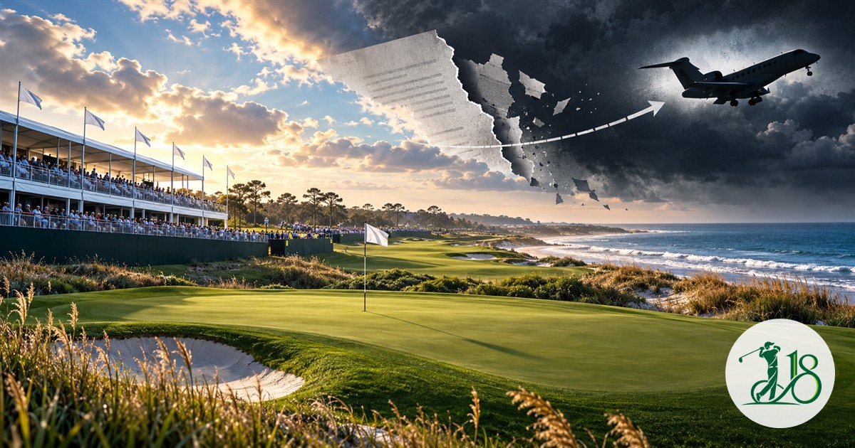 Editorial collage of an intact coastal golf tournament as a private jet sponsor departs
