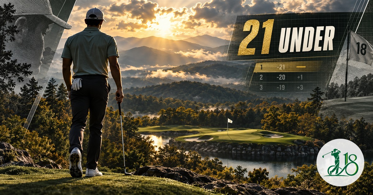 Editorial collage of an anonymous golfer facing a mountain course and a 21-under scoreboard
