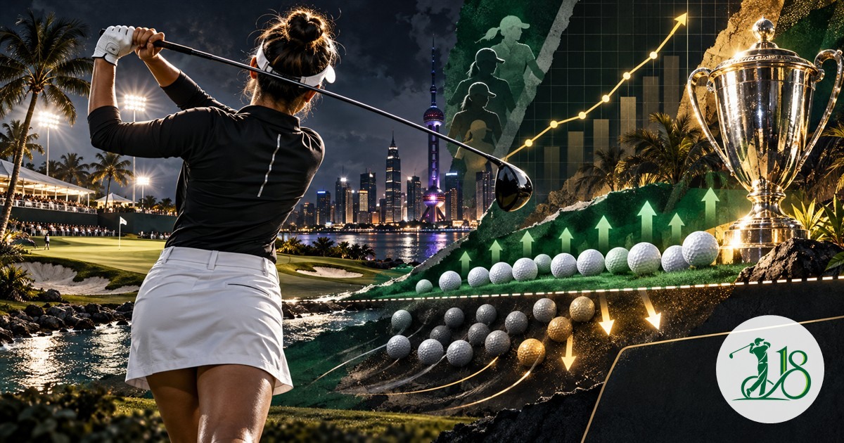 Editorial collage of an anonymous female golfer, a rising points graph, a qualification line and a championship trophy