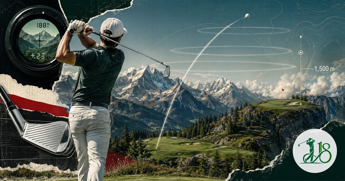 Editorial collage of a golfer recalculating an iron shot in the high Swiss Alps
