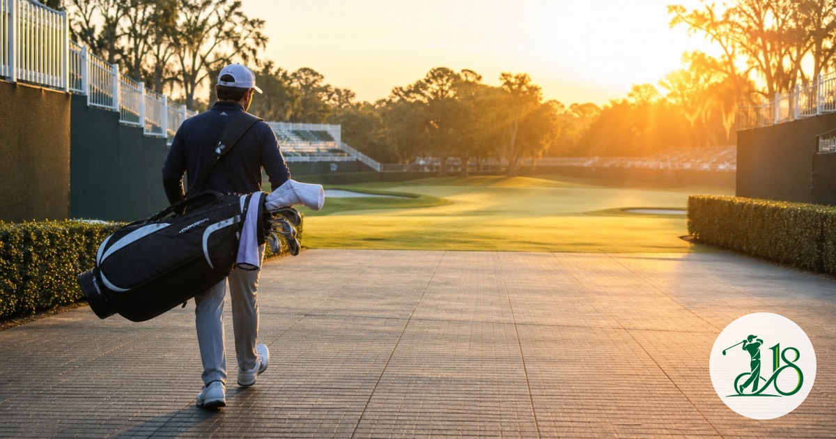A professional golfer walks toward a tournament course at sunrise
