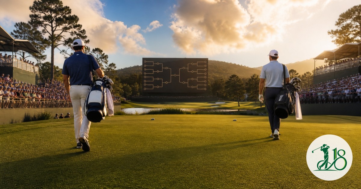 Two professional golfers approach a match-play tee with a tournament bracket