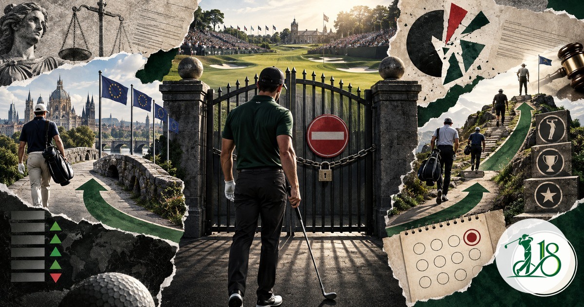 Editorial collage of golfers facing a locked direct gate and longer qualification routes