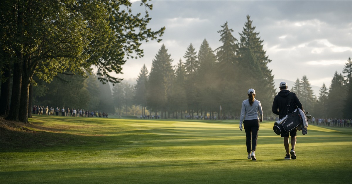 A woman golfer and caddie walk a tree-lined Pacific Northwest fairway