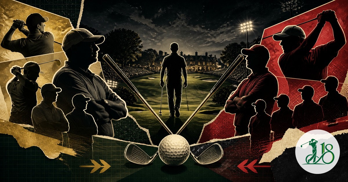 Editorial collage of two golf teams facing each other under stadium lights