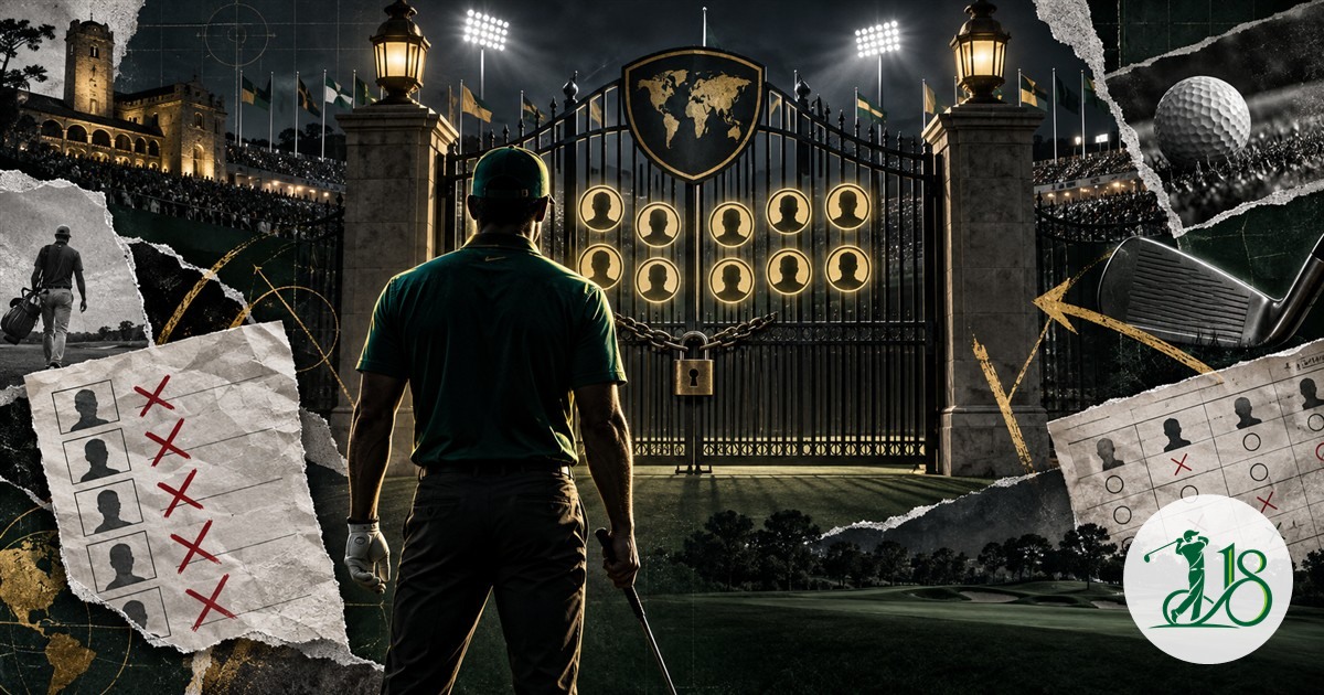 Editorial collage of a golfer facing a locked team-selection gate under stadium lights