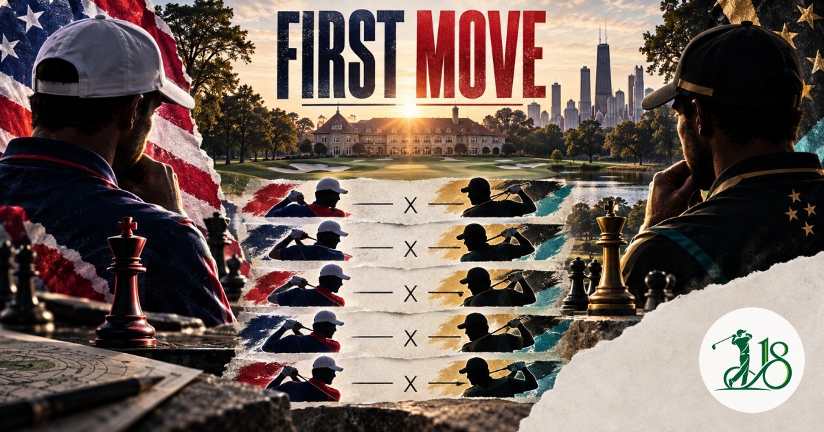 Editorial collage of five team-golf matchups arranged like a captain's chessboard