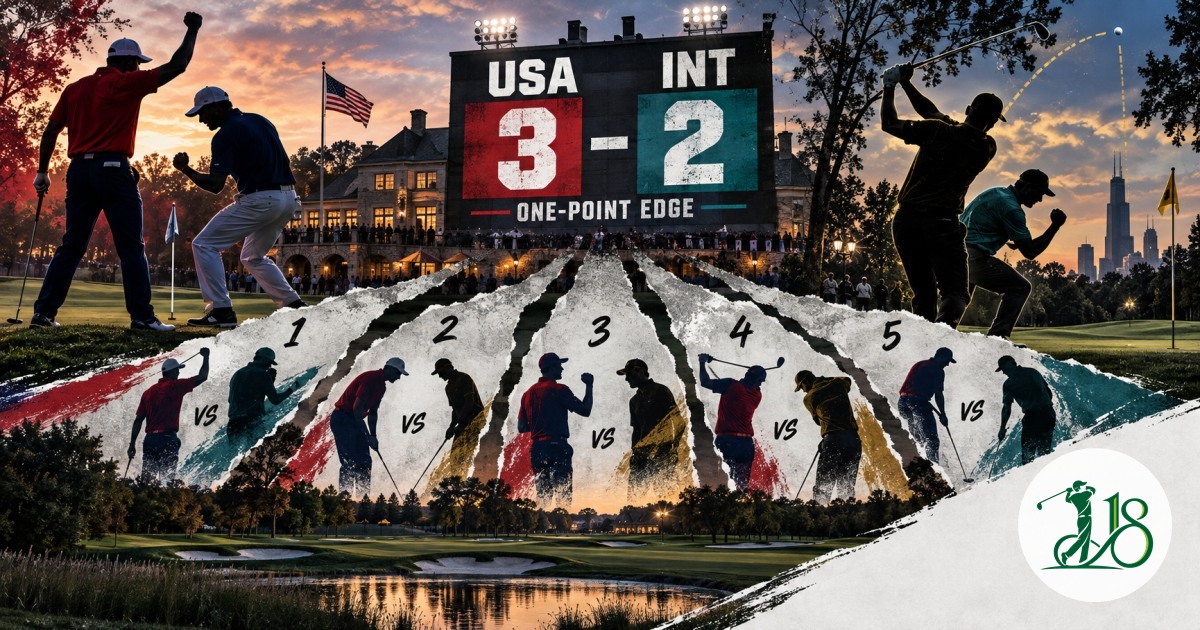 Editorial scoreboard collage showing a 3-2 United States lead after five team-golf matches