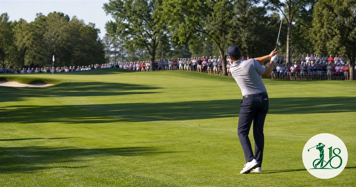 An elite male golfer hitting an iron toward a Bellerive-style championship green