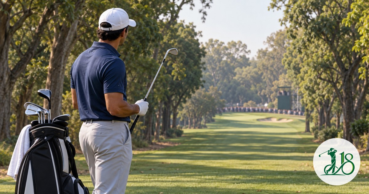 Editorial collage of an anonymous golfer choosing a long iron over driver on a narrow Delhi course