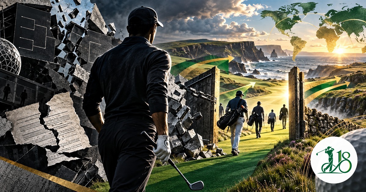 Editorial collage of an anonymous golfer facing a broken barrier and an opening global golf pathway