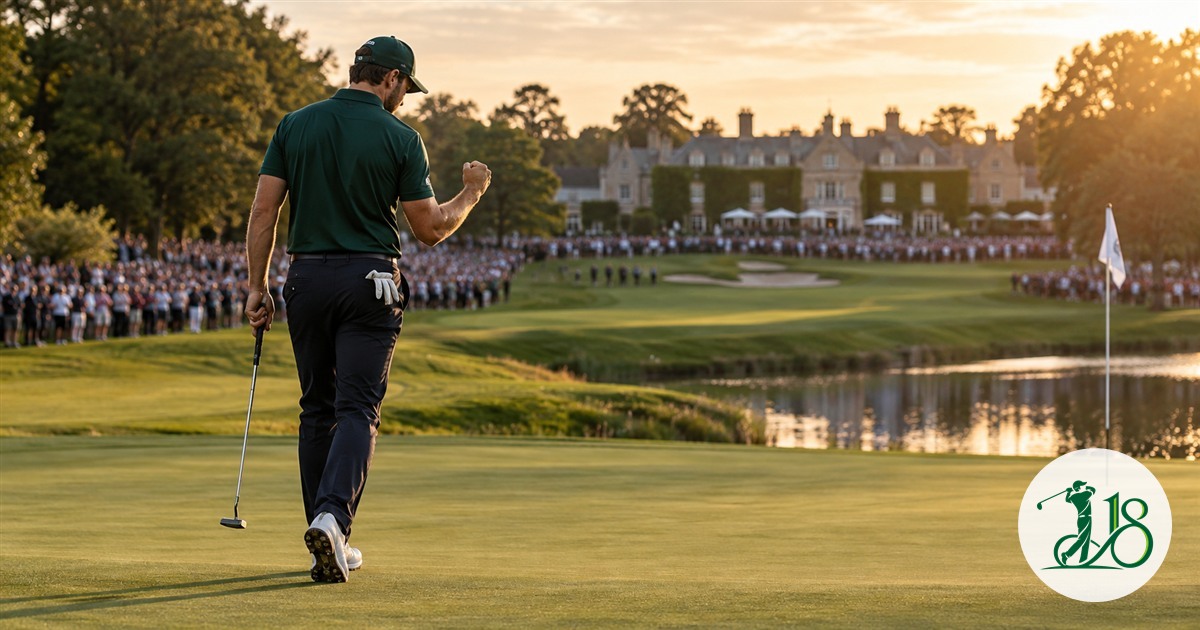 An anonymous professional golfer celebrates on a sunlit English parkland green