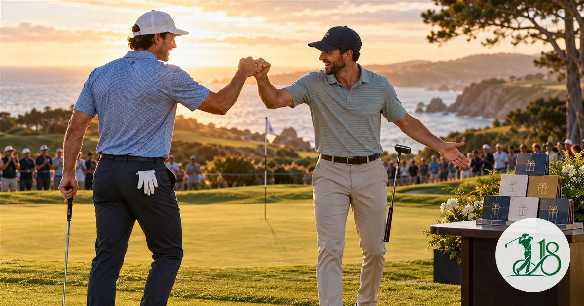 Two anonymous golfers celebrate a birdie beside a fan-prize display