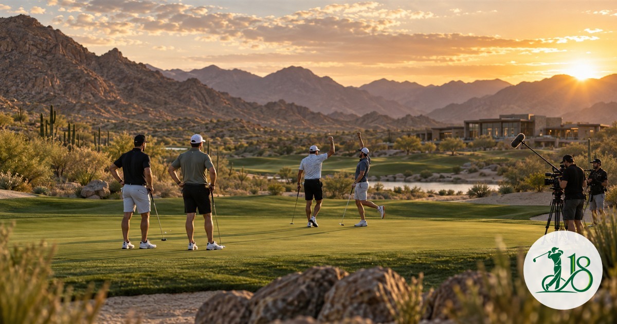 Four anonymous golfers and a production crew on a desert golf course at sunset