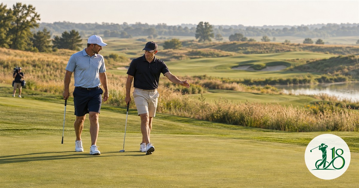 Two anonymous golfers discuss a match on an Iowa prairie course