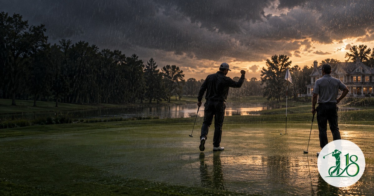 Two anonymous golfers finish a match on a rain-soaked eighteenth green
