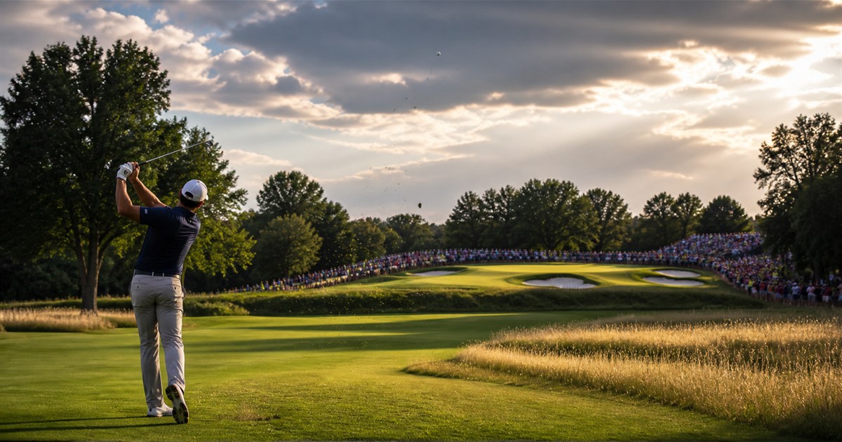 An elite male golfer attacking a long approach on a championship parkland course