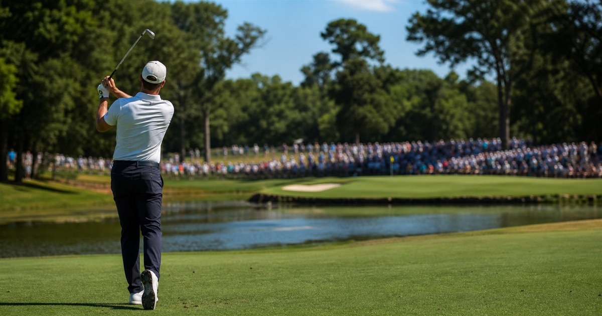 An anonymous professional golfer attacks a green across water in summer heat