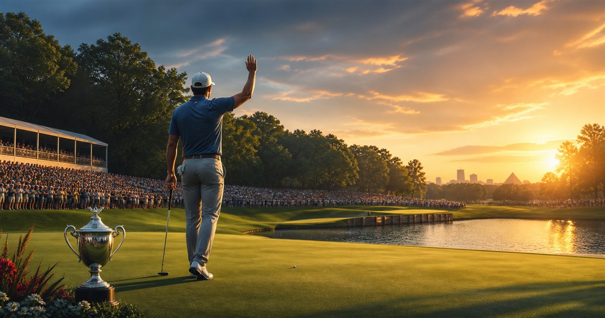 Editorial illustration of an anonymous champion raising his hand beside a trophy on a Memphis finishing green