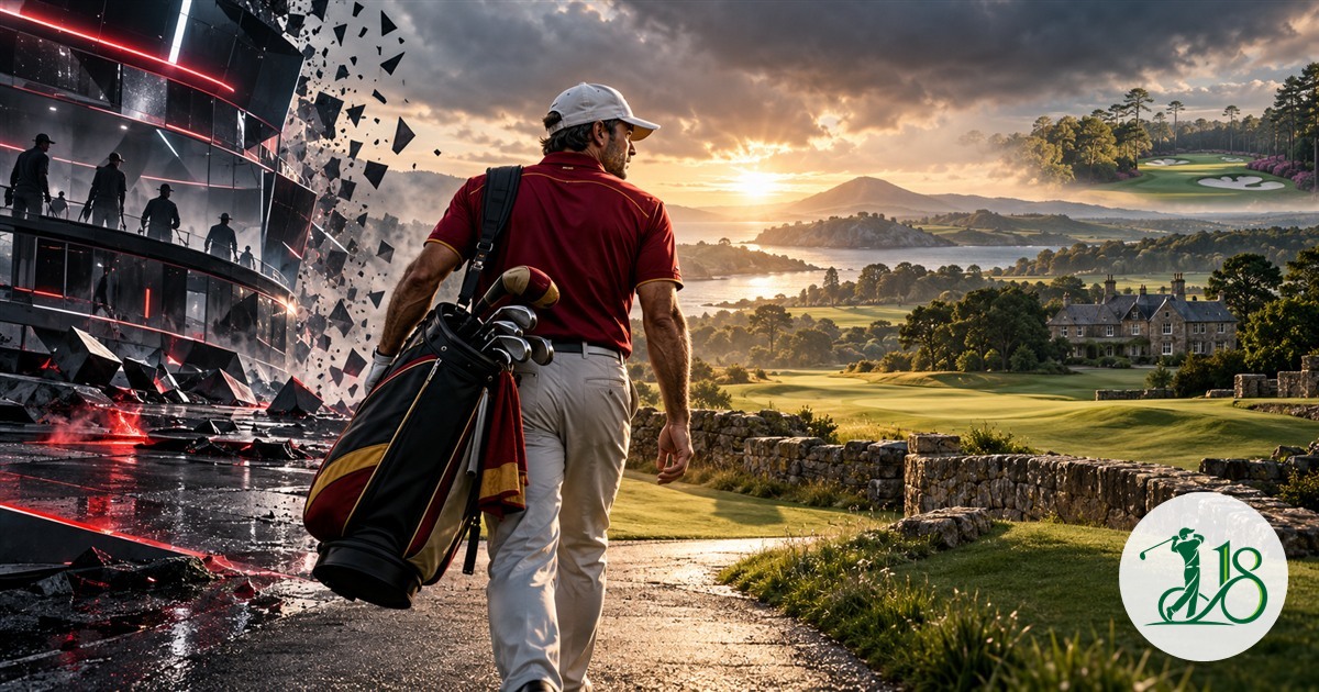 Editorial image of a veteran golfer leaving a futuristic team arena for a traditional European course