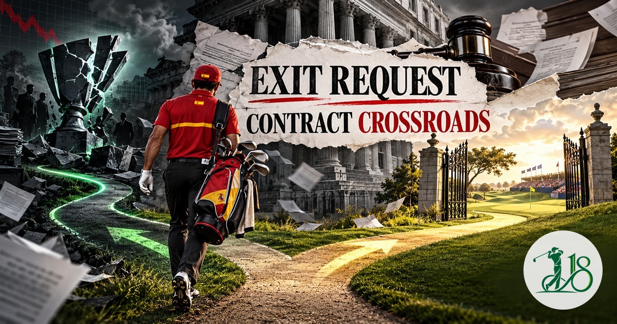 Editorial collage of an anonymous Spanish golfer at a legal and competitive crossroads