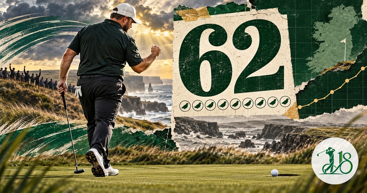 Editorial collage of an anonymous golfer celebrating beside a 62 score motif on an Irish links course