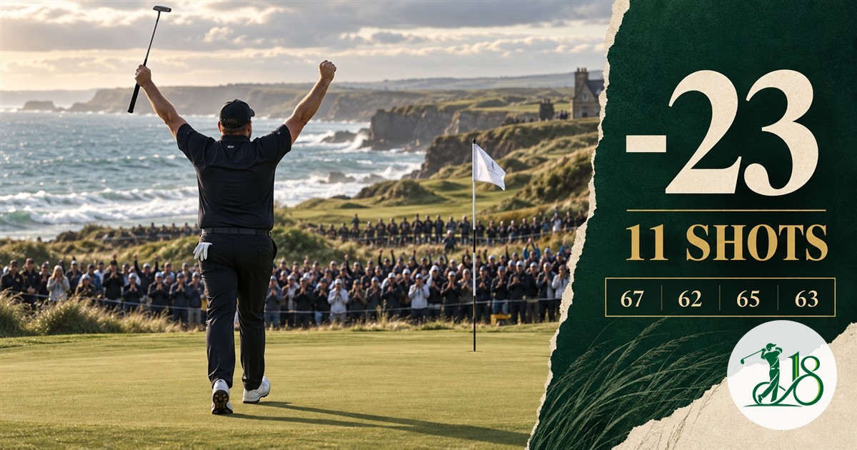 Editorial cover of a golfer celebrating an 11-shot Irish Open victory at 23 under