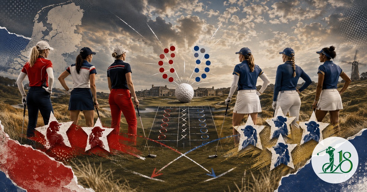 Editorial collage of two women’s golf teams facing a match-play scoreboard on a Dutch course