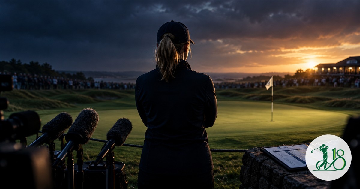 Editorial image of an anonymous golf captain facing microphones beside a championship green