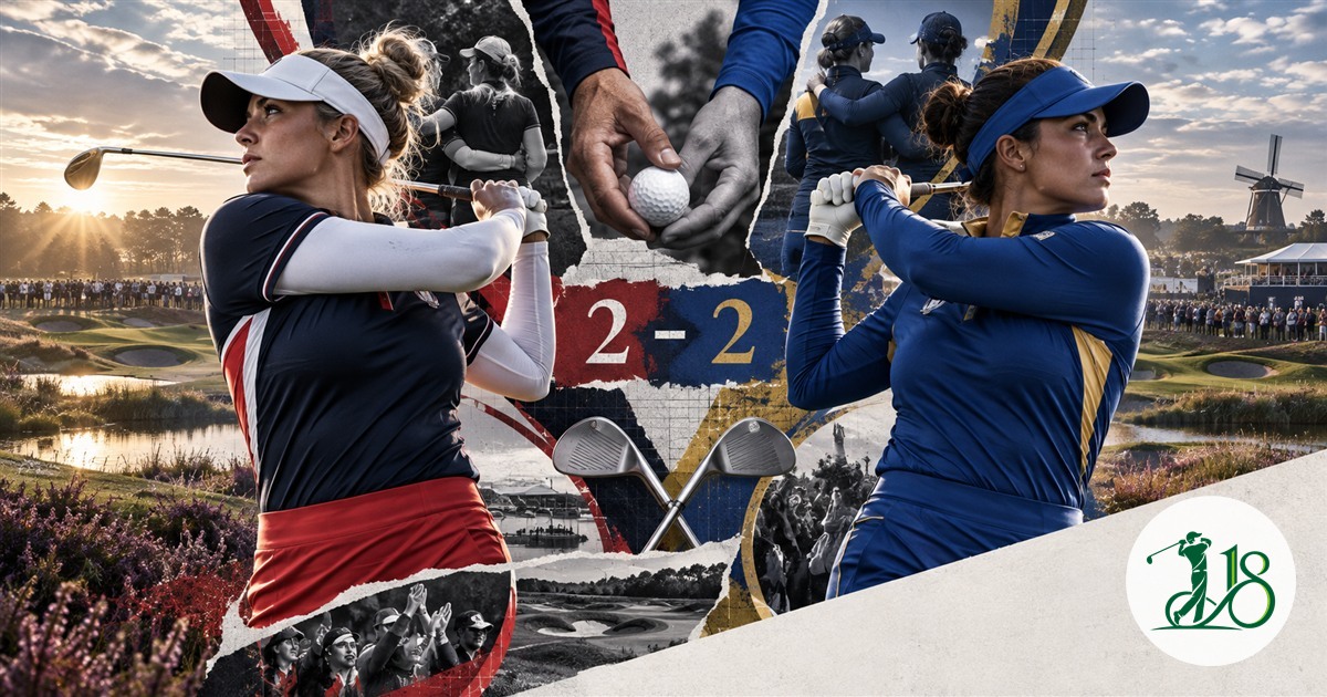 Editorial collage of two anonymous women golfers representing the United States and Europe around a 2-2 match score