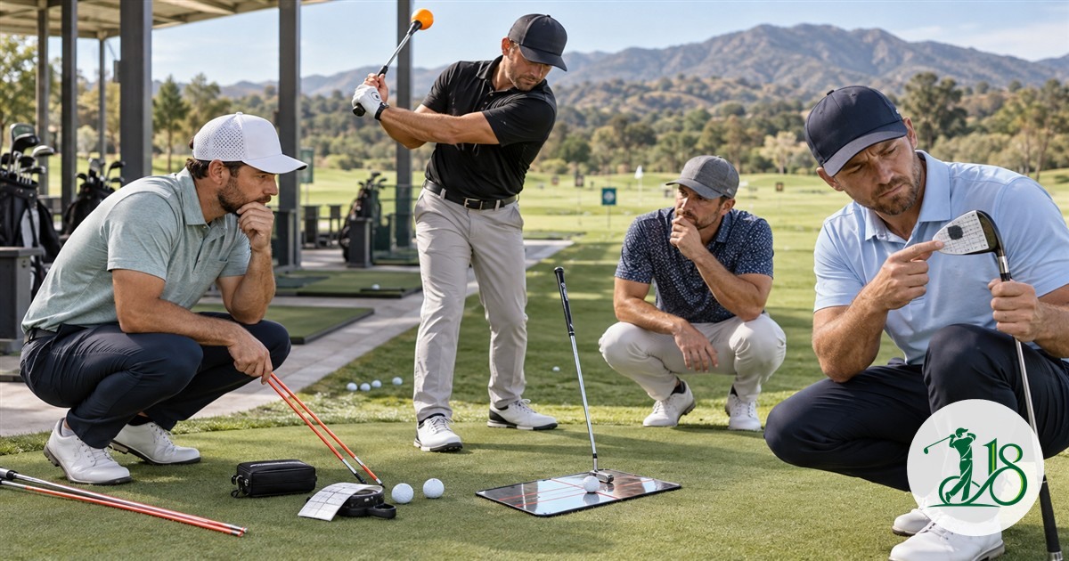 Four golfers testing generic practice aids at a driving range