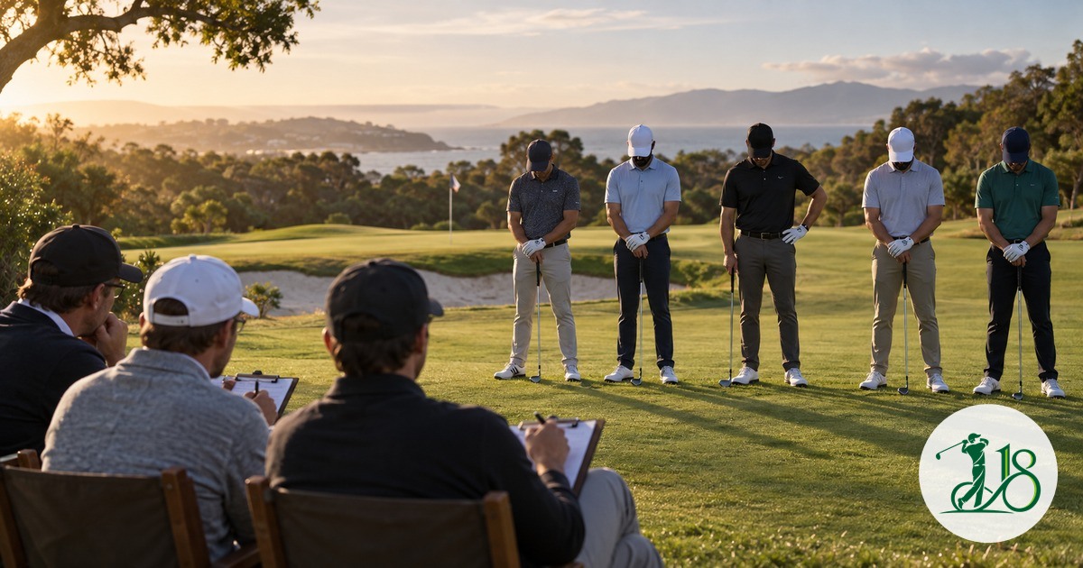 Three anonymous golf judges study five mystery contestants on a practice green