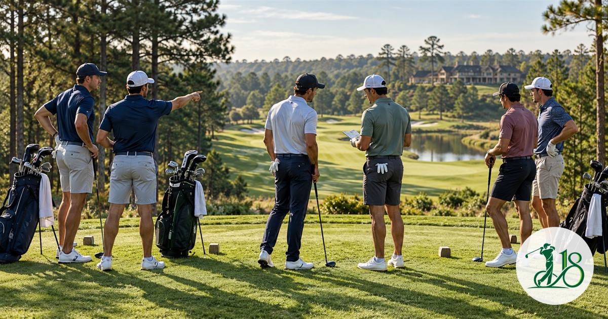 Six anonymous golfers studying a fairway before a team training match