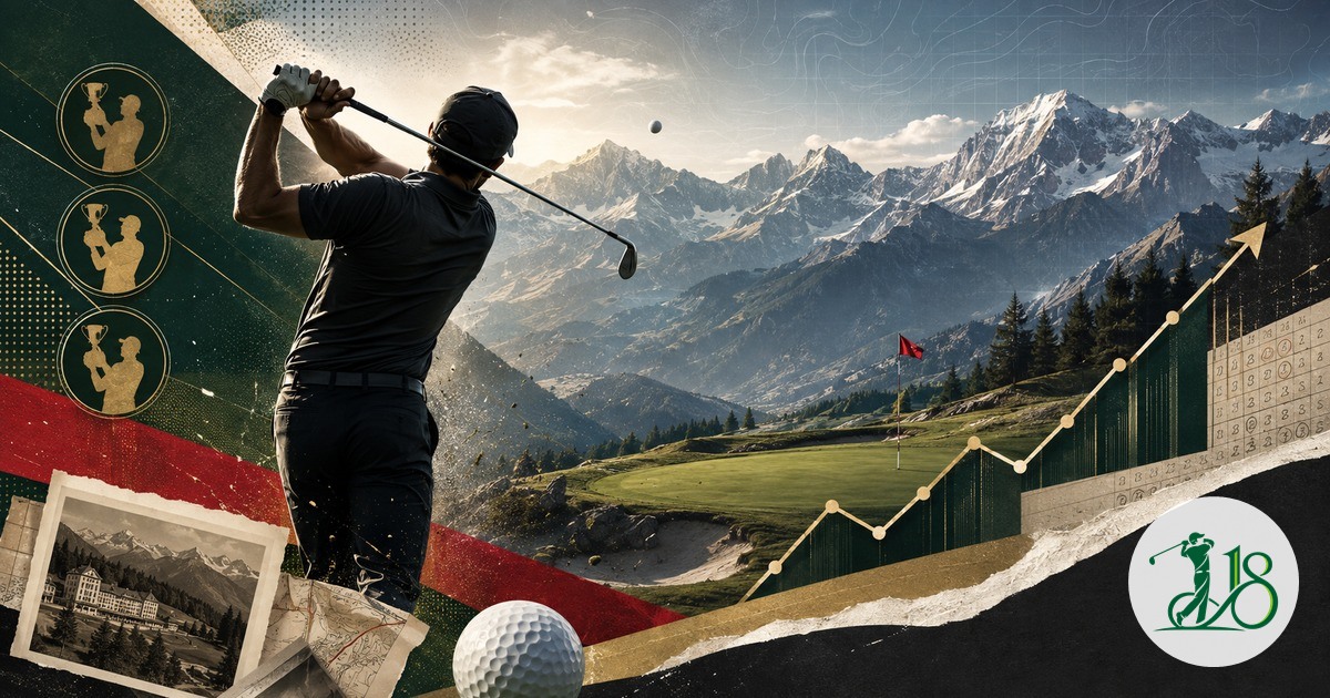 Editorial collage of a golfer chasing a third title on an Alpine golf course