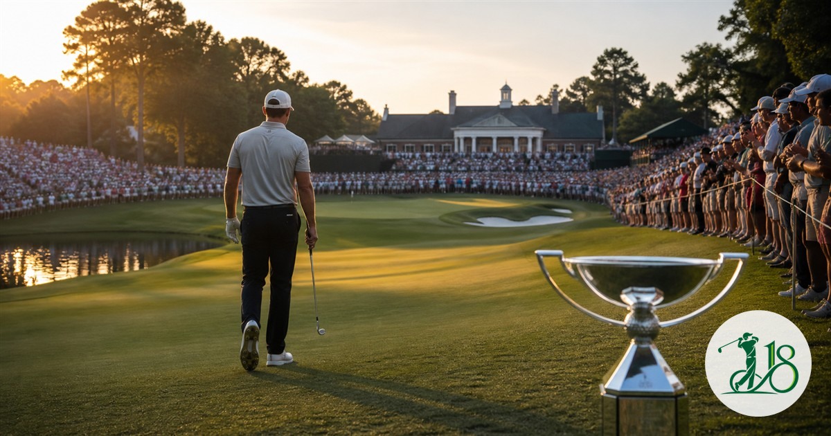 A professional golfer walks toward the final green at a season-ending championship