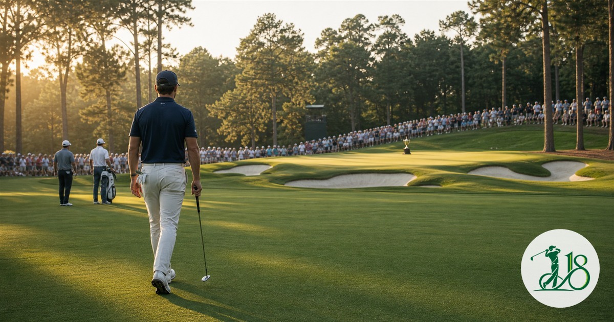 A golfer walks toward a championship green before a tightly contested final round
