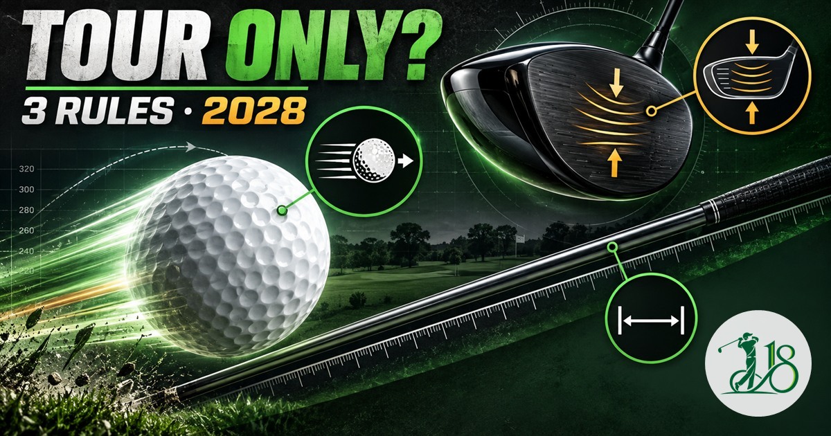 Editorial collage of a golf ball, driver face and club-length ruler representing three proposed elite equipment rules