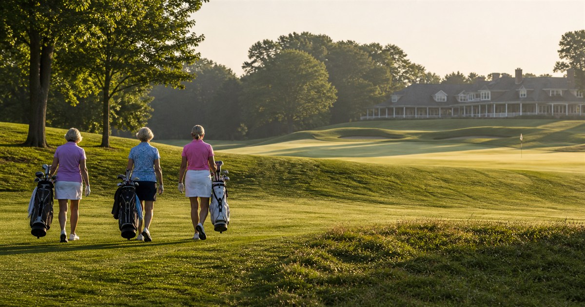 Three senior women golfers walking toward a championship green on a classic parkland course