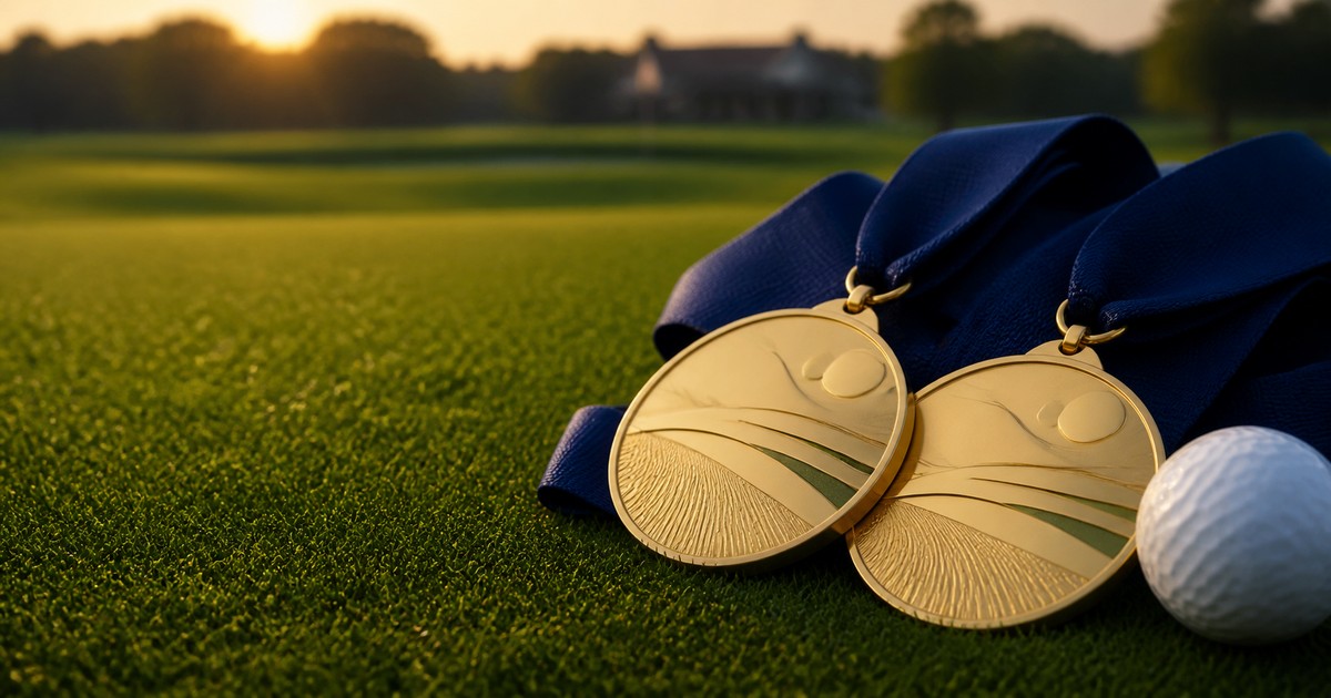 Two gold golf medals on navy ribbons resting on a putting green