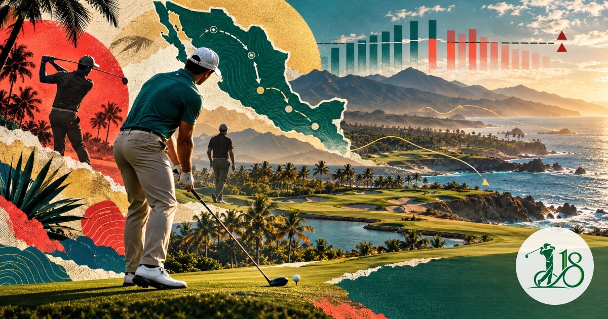 Editorial collage of golfers, Mexico and a tropical course representing the PGA Tour fall card race