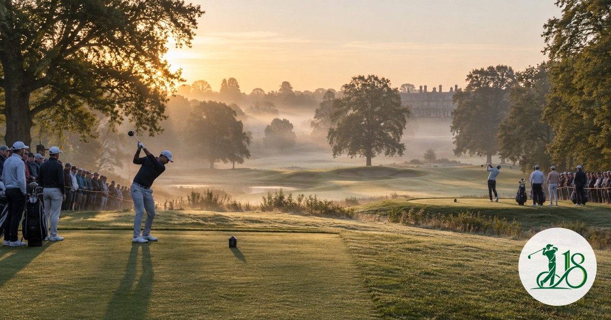 Two professional groups beginning from separate tees on a misty English golf course