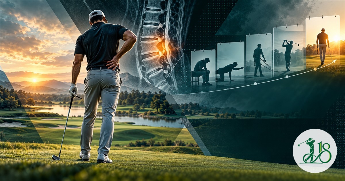 Editorial collage of a golfer pausing competition for back surgery and rehabilitation
