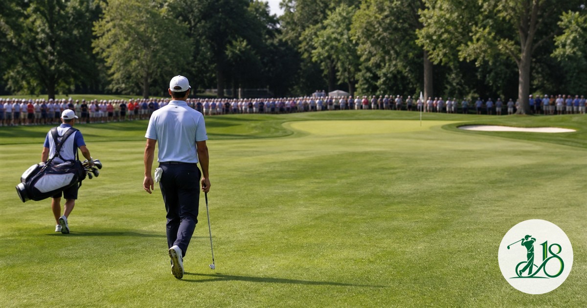 An elite golfer walks toward a championship green with a commanding Sunday lead