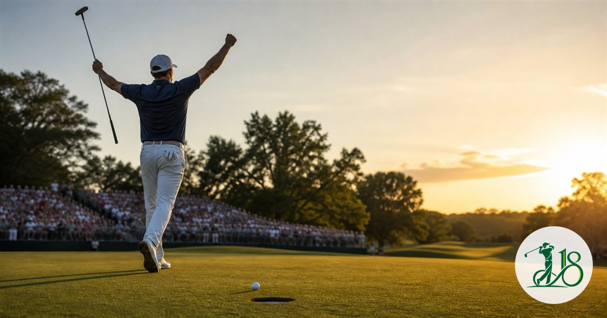 Editorial illustration of an anonymous golfer raising both arms after a winning putt on a championship green