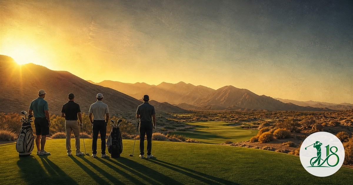 Four golfers overlook a desert golf course at sunrise, representing YGT Rams Hill Round 1