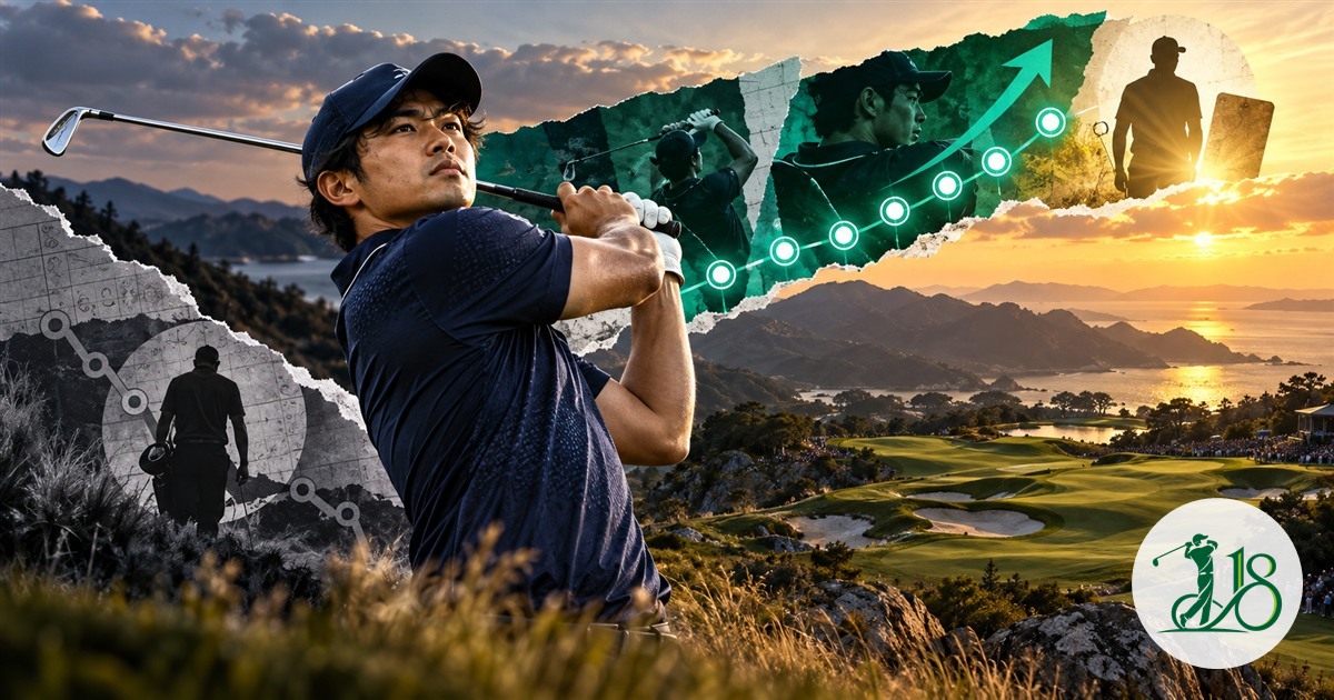 Editorial collage of a Japanese golfer rising from the card bubble into a championship lead
