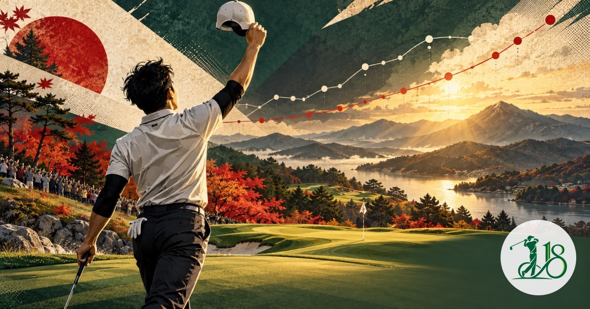 Editorial collage of a Japanese golfer celebrating victory on a Korean mountain course